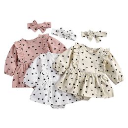 Rompers Born Baby Girl 2-piece Bodysuits Dress Set Long Sleeve Heart Print Crew Neck Lace Mini And Hairband Spring AutumnRompers