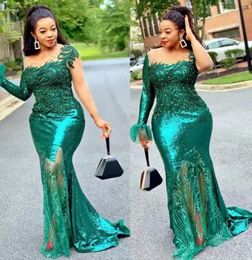 2022 Plus Size Arabic Aso Ebi Green Mermaid Sequined Prom Dresses Lace Beaded Sheer Neck Evening Formal Party Second Reception Bridesmaid Gowns Dress B0603G08