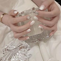 False Nails 24pcs Artificial With Glue Squoval Mid-length White Diamonds And Nail Sticker Finished Fake Press On Designs DL Prud22