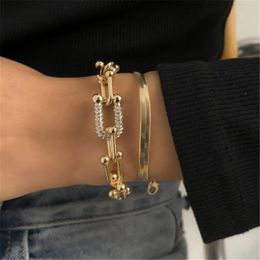 Crystal U-shaped Buckle Metal Bangle Statement Gold Silver Bracelet Set Link Fashion Pulseras Women Bijoux Gift