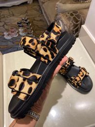leather leopard sandals UK - Desinger Dad Sandals Brand White Black Leopard Leather size 35-42 Slides Strap Flats Printed D shoes Hook and loop beach shoes imported sheepskin lining with box