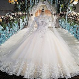 Sexy Lace Ball Gown Wedding Dresses High Neck Crystal Beaded Long Sleeves Bridal Gowns Sequined Tulle Cathedral Train Appliqued Muslim Modern 403