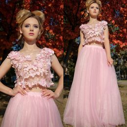 2022 Two Pieces Pink 3D Floral Appliques Prom Dresses Sexy Illusion Top No Bra Scoop Neck Long Tulle Skirt Girls Sweet 16 Dress Special Occasion Party Evening Gowns