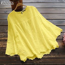 Women's Autumn Blouse ZANZEA Elegant Lace Tops Casual Pleated Blusas Female Hollow 34 Sleeve Shirts Plus Size Tunic 5XL T200322