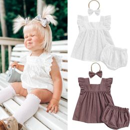 Clothing Sets 3pcs Summer Baby Girls Cotton Clothes Outfits Hollow Out Flower Tank Tops Ruffles Shorts Hairband Set For Toddlers BornClothin