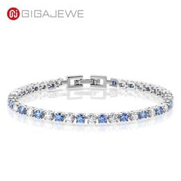 GIGAJEWE 3.0mmX43Pcs D and Blue Color Round Cut Link Chain White Gold Plated 925 Silver Moissanite Tennis Bracelet Woman Girlfriend Gift GMSB-007