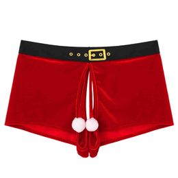 Men Christmas Velvet Panties Crotchless Boxer Shorts Fluffy Ball Sexy Lingerie Underwear Low Waist Elastic Waistband Underpants G220419