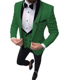 Fashion Green Groom Tuxedos Shawl Lapel Slim Fit Groomsmen Wedding Dress Excellent Man Jacket Blazer 3 Piece Suit Jacket Pants Vest Tie 1292