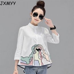 Spring Summer Embroidery Print Blouses Women Casual Three Quarter Sleeve Fashion Blouse Shirt Top For Women JXMYY 210412