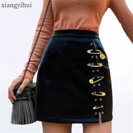 Plus Size 4XL Gothic Punk Pu Leather Skirts Women Fashion Black Pin A-line Skirt Female High Waist Package Hip Mini Skirt 210331