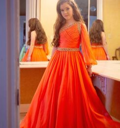 십대 주니어 유아 유아 2022 Long-Sleeve Orange Chiffon Long Girls Prom Gown 공식 파티 Rosie Zipper-Back One Shoulder C0609G12