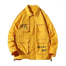 Men's Jackets Men Jacket Coats Casual Windbreaker Ribbons Pockets Overalls Bomber Hip Hop Streetwear Yellow Outwear 2022