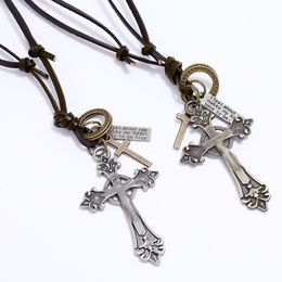 Retro Letter ID Jesus Cross Necklace Ring Charm Adjustable Leather Chain Necklaces for women men Fashion Jewellery gift