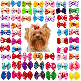 Cat Yorkie Dog Puppy Hair Bows with Rubber Bands Rhinestone Pearls Handmade Lace Fabric Cute Pet Small Dogs Hair Bowknot Grooming Accessories