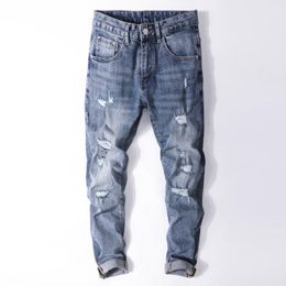 Men's Jeans Ripped For Men Skinny Fit Light Blue Stretch 2022 Spring Streetwear Distressed Hip Hop Patchwork Torn Male Denim PantsMen's