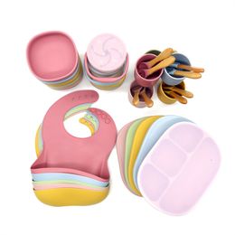 Baby Silicone Bib Divided Dinner Plate Suction Bowl Spoon Fork Cup Set Training Feeding Food Utensil Dishes Tableware Kit