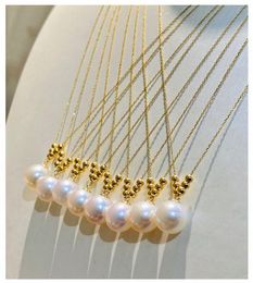 Chains Pure Gold Chain For Women Natural Freshwater Pearl 7-8mm Ball With 6pcs Beaded Necklace Stamp Au750 Jewelry Gift 16-18inchLChains