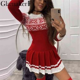 Glamaker Red knitted Christmas pleated short dress Party bodycon basic elegant dress Winter autumn chic slim dress new 210322