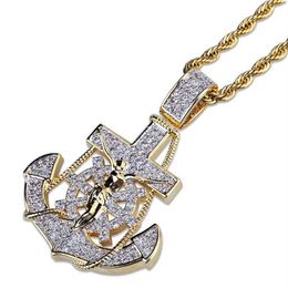 Out Iced Anchor Cross Pendant Necklace Two Tone Plated Micro Paved Cubic Zircon Mens Hip Hop Jewelry2571