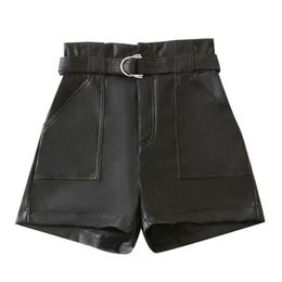 TRAF Women Chic Fashion With Belt Faux Leather Shorts Vitnage High Waist Zipper Fly Pockets Female Short Pants Mujer 220629