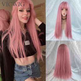 Hair Synthetic Wigs Cosplay Vicwig Cosplay Wig with Bangs Synthetic Straight Hair 24 Inch Long Heat-resistant Pink for Women 220225