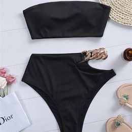 Peachtan Solid Bikini High Waist Swimwear Female Chain Swimsuit Women Bandeau 2 Pieces Set Sports Bathing Suit Ribbed 220621