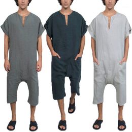 Vintage Overalls Men Jumpsuits Rompers Plain V Neck Arab Kaftan Working Pockets Trousers Muslim Islamic Masculina