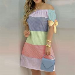 Summer Off Shoulder Dress Women Fashion Striped Print Slash Neck Short Sleeve Bow Tie Mini Floral Casual Party 220611