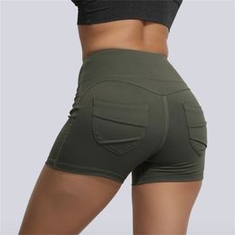 EF3076 Yoga Shorts Fitness Women High Waist Pockets Sports Shorts Fitness Jogging bodybuilding Sportswear Workout Clothing T200412