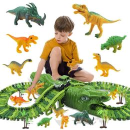 153pcs Dinosaur Electric Rail Car Track Racing Toy Set Bend Flexible Race Track Flash Light Car Educational Toys for Kids Gift 220507