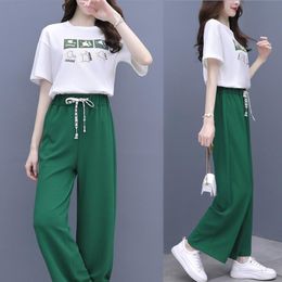Women's Two Piece Pants Cartoon Printed T-shirt Straight Two-piece 2022 Summer Ice Silk Wide Leg Cool And Refreshing Show Thin TrousersWomen