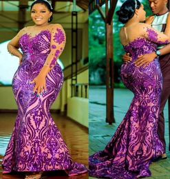 Plus Size Arabic Aso Ebi Purple Mermaid Sparkly Prom Dresses Sheer Neck Evening Formal Party Second Reception Birthday Engagement Gowns Dress