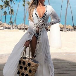 Crochet White Knitted Beach Cover up dress Tunic Long Pareos Bikinis Cover ups Swim Cover up Robe Plage Beachwear 220621