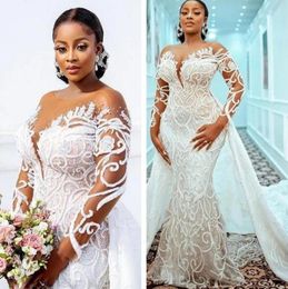Plus Size Lace Mermaid Wedding Dresses 2022 With Detachable Train Sheer Long Sleeves Beaded Lace Appliqued Bridal Gown Custom Made Robe de mariée PRO232