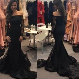 Black Mermaid Prom Dresses Off Shoulder Lace Appliques Long Sleeves Sweep Train Modest Evening Pageant Party Gowns