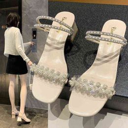 Slippers Summer Sandals Female Fashion Pearl Flip Flops Small Fresh Mid-heel Two-wear Women Slipper Bling 220530
