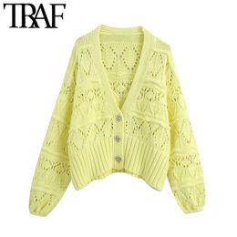 TRAF Women Fashion Bejewelled Buttons Cropped Knitted Cardigan Sweater Vintage Puff Sleeve Female Outerwear Chic Tops 210204
