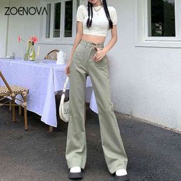 Zoenova Women Green Jeans Vintage Washed Multiple Pockets Wide Pipe Pants Casual Street High Waist Baggy Denim Pants Ladies L220726