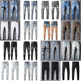 Grey Jeans for Man Designer Skinny Fit Rip Skull Slim Biker Mens Denim Distress Rapper Street Hip Hop Curvy Long Straight Leg Stretch with Hole Softener American