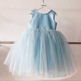 Lovely Sky Blue Flower Girls Dresses For Weddings Jewel Satin Tulle Pearls Backless Princess Children Wedding Birthday Floor-length Party Dresses