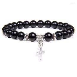 Beaded Strands Natural Black Onyx Beads Bracelet Fashion Volcanic Lava Religion Cross Pendant Charm For Women Men Yoga Jewelry Kent22