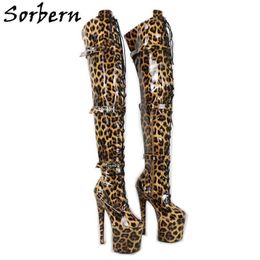green spiked heels Canada - Sorbern Leopard Thigh High Unisex Boots Open Toe Closed Toe 3 Straps Heels Women Stripper Heels For Pole Dancers Custom Colors