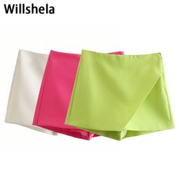 Willshela Women Fashion Asymmetrical Shorts Skirts High Waist Back Pockets Side Zipper Vintage Female Skort Solid 220509