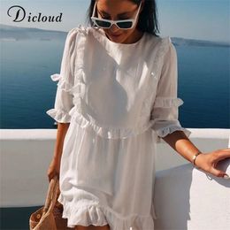 DICLOUD Casual Women White Mini Ruffle Summer Dress Women Short Sleeve Black Solid Loose Dress Beach Tunic Ladies Clothing T200319