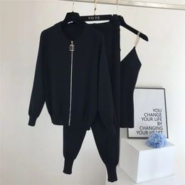 Autumn Winter Knitted Sweater Suit Casual Product Temperament Chain Vest Knitted Jacket Elastic Pants Three-piece Sets 210331