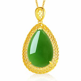 Jade-Halskette, natürliche Hetian-Jade, grün, ovale Anhänger-Halskette, Retro, einzigartiger Gold-Handwerks-Charm, Damen-Silberschmuck, Jaspis-Halsketten