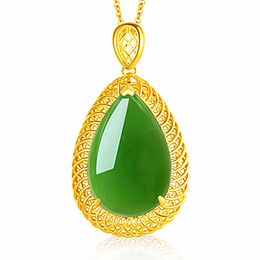 Collana di giada Giada naturale di Hetian verde Collana con pendente ovale Collane di diaspro gioielli in argento unici retrò con fascino artigianale in oro