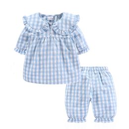 Girls Sleeping Clothes Sets Plaid Pattern Casual Style Kids Homewear Suits Short Sleeve Top and Pants 2pcs Pyjamas for Children 220706