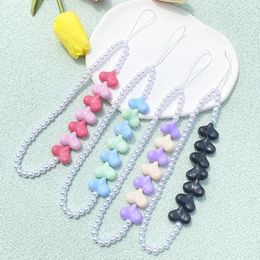 Cute Pearl Beaded Heart Phone Charm Chain Telephone Strap Sweet Women Anti-lost Lanyard Keychain Cell Phone Jewellery Accessories