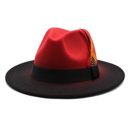 Gradient Fedora Hats with Feather Women Men Fedoras Woman Felt Hat Man Fashion Panama Caps Female Jazz Top Hat Male two Colours Wide Brim Cap Autumn Winter 2022